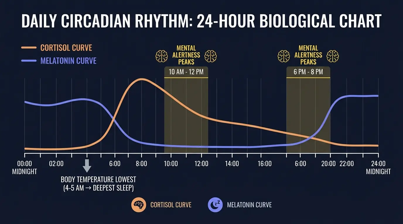 24-hour circadian rhythm curve infographic showing the rise and fall of cortisol, melatonin, and core body temperature across the day and night. Annotated peaks for alertness windows and ideal sleep/wake times. 16:9 dark mode style.