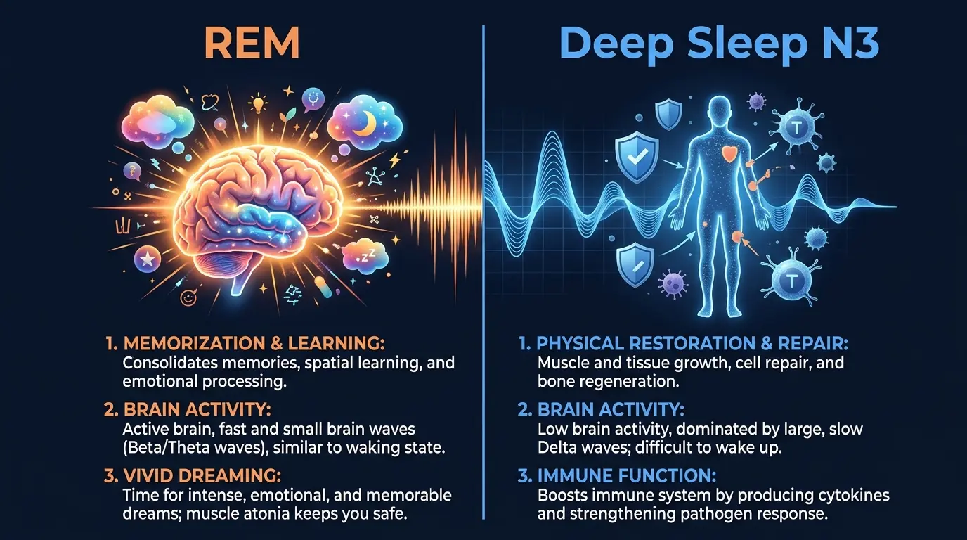 Side-by-side comparison infographic: REM sleep (active glowing brain, vivid dream imagery) vs Deep Sleep N3 (slow delta waves, body repair, immune cells). Dark background, 16:9 wide format, orange and slate accent colors matching brand.